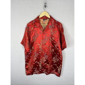 Y2K ODO Red Dragon Satin Shirt Camp Collar Asian Clubwear Mens L